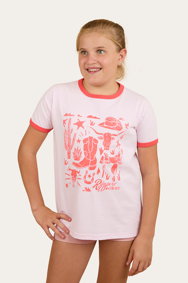 Boot Scootin Kids Ringer T-Shirt - Barley Pink