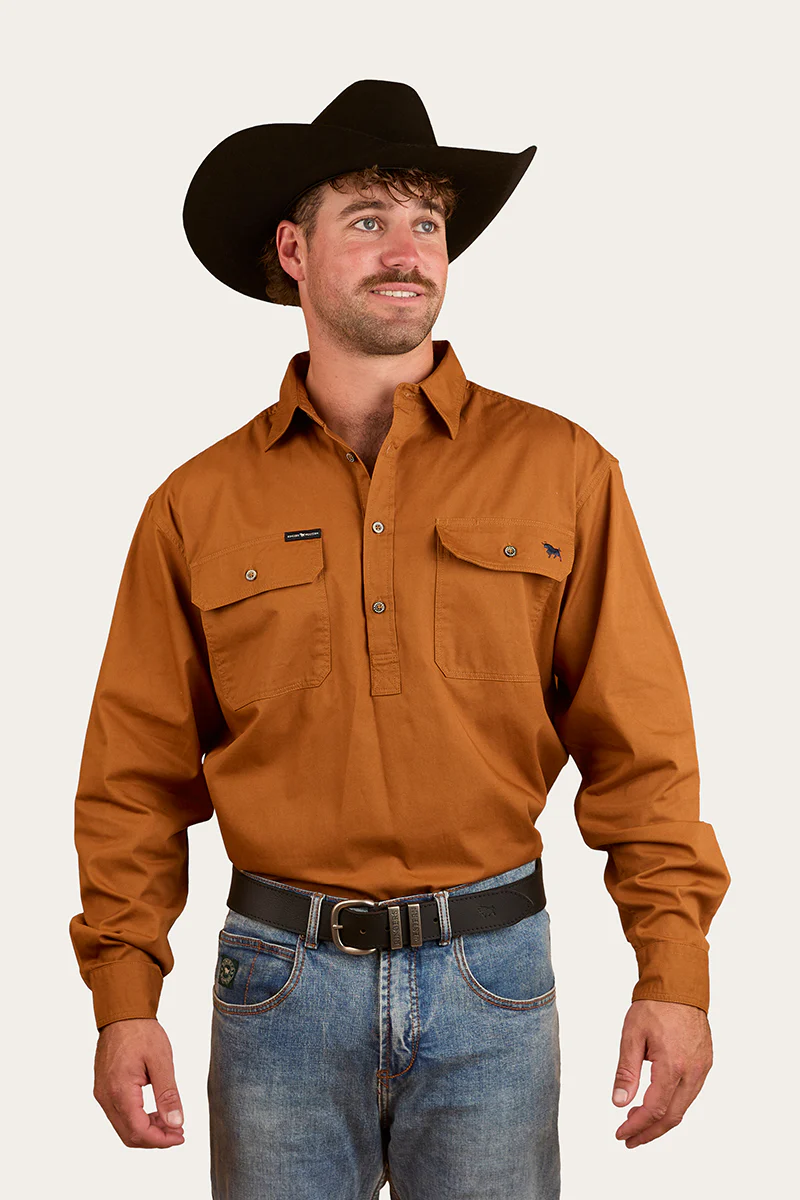 King River Mens Half Button Work Shirt - Tobacco