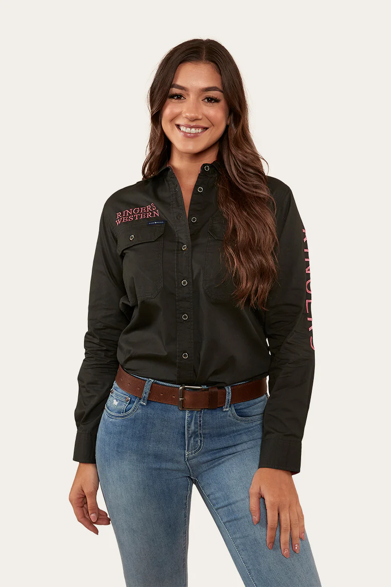 Signature Jillaroo Womens Full Button Work Shirt - Charcoal/Dusty Rose