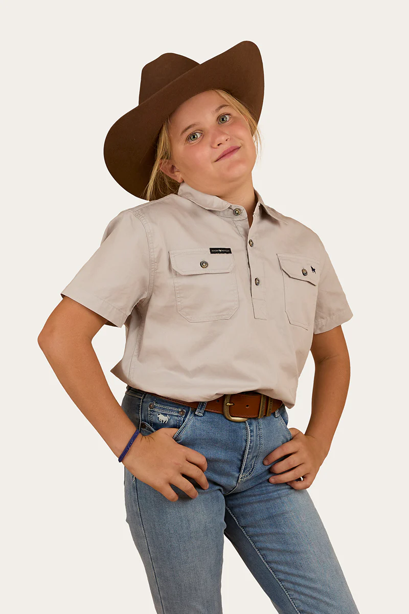 Ord River Kids Half Button Short Sleeve Work Shirt - Beige