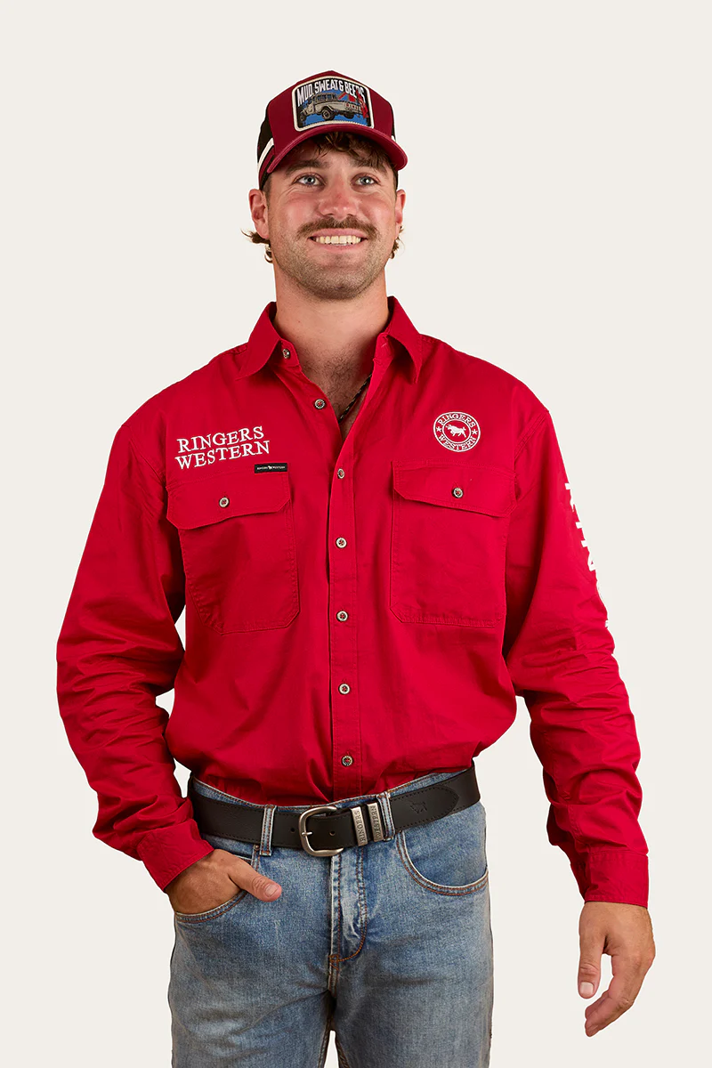 Hawkeye Mens Full Button Work Shirt - Red/White