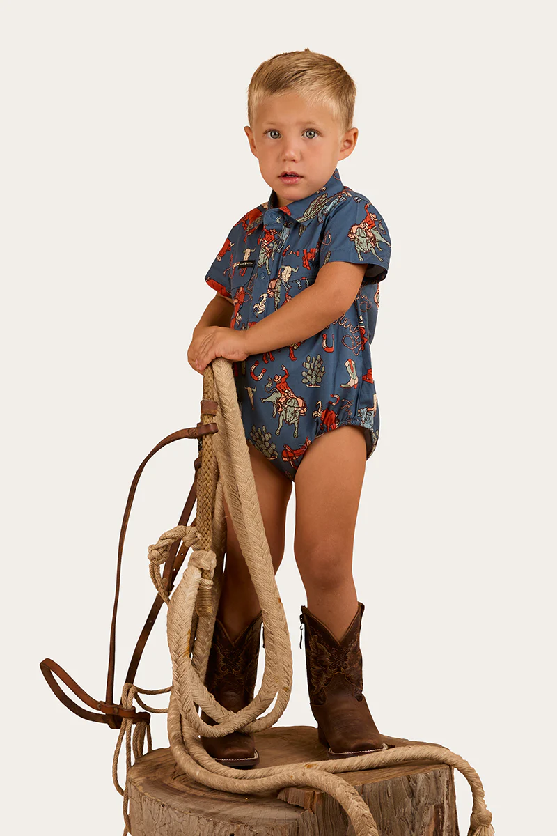 Mini Cowboy Babies Short Sleeve Work Shirt Romper - Yale Blue