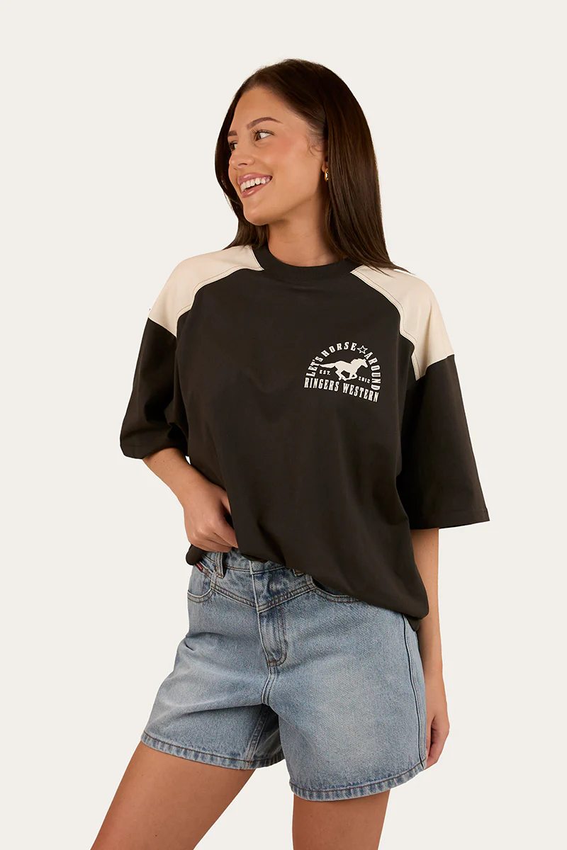 Lets Horse Around Womens Oversized T-Shirt - Washed Black / Off White