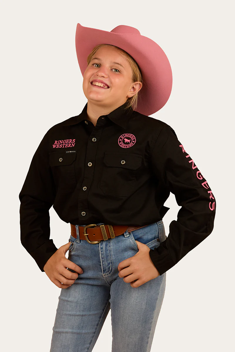 Jackaroo Kids Full Button Work Shirt - Black/Melon