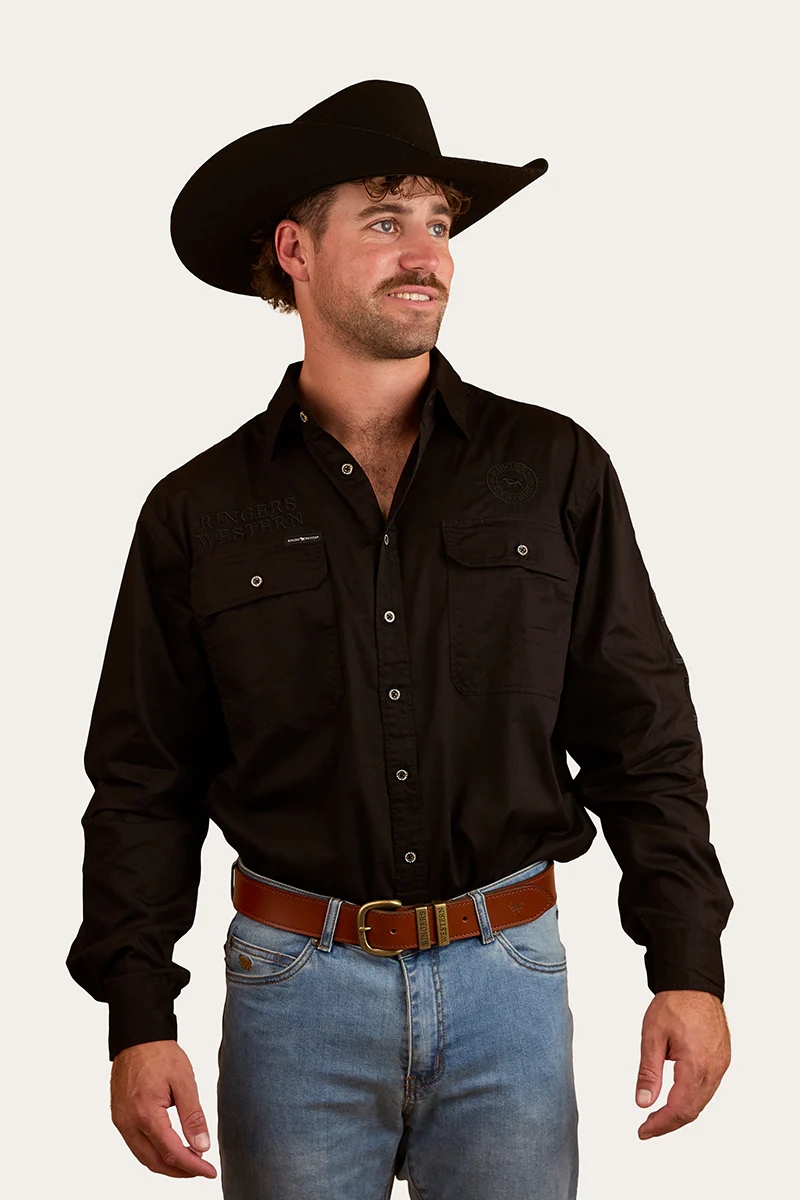 Hawkeye Mens Full Button Work Shirt - Black/Black