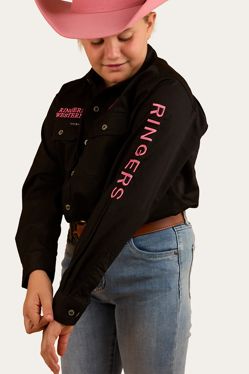 Jackaroo Kids Full Button Work Shirt - Black/Melon