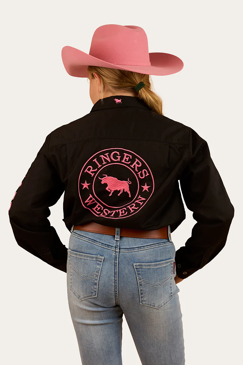 Jackaroo Kids Full Button Work Shirt - Black/Melon