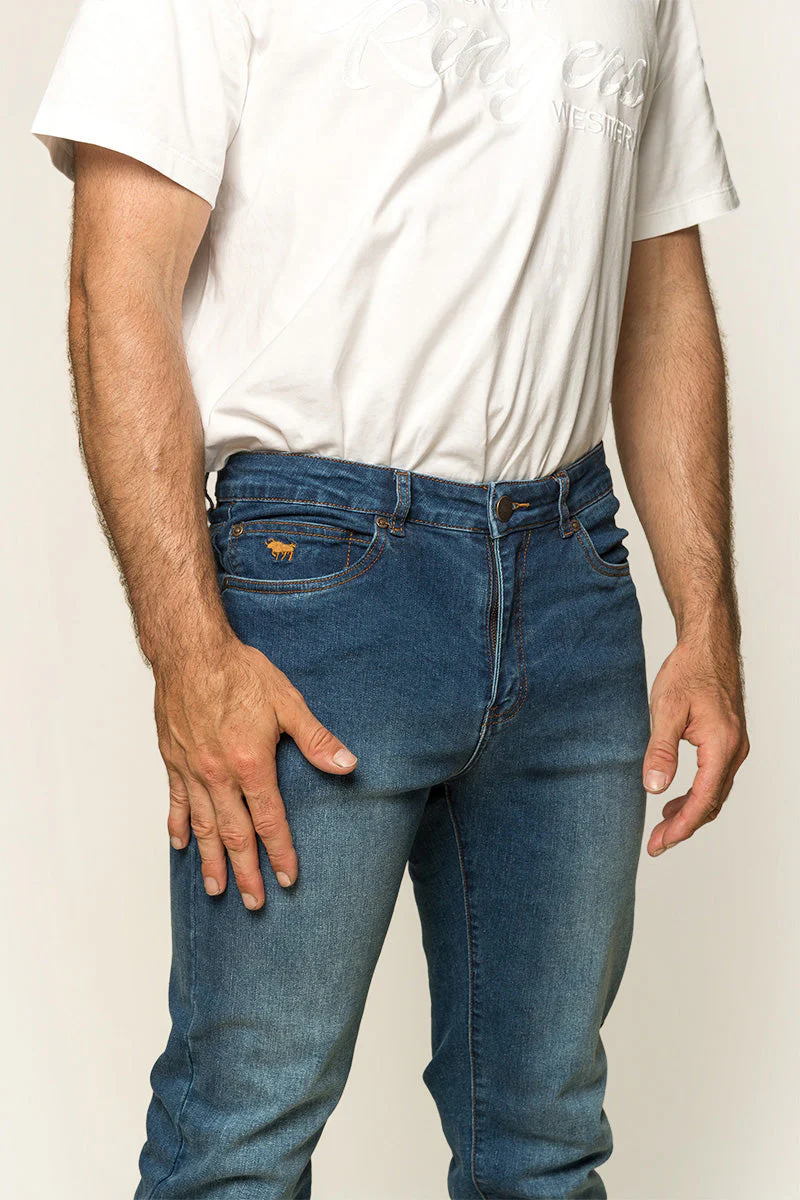 Burke Mens Tapered Slim Leg Jeans - Mid Blue