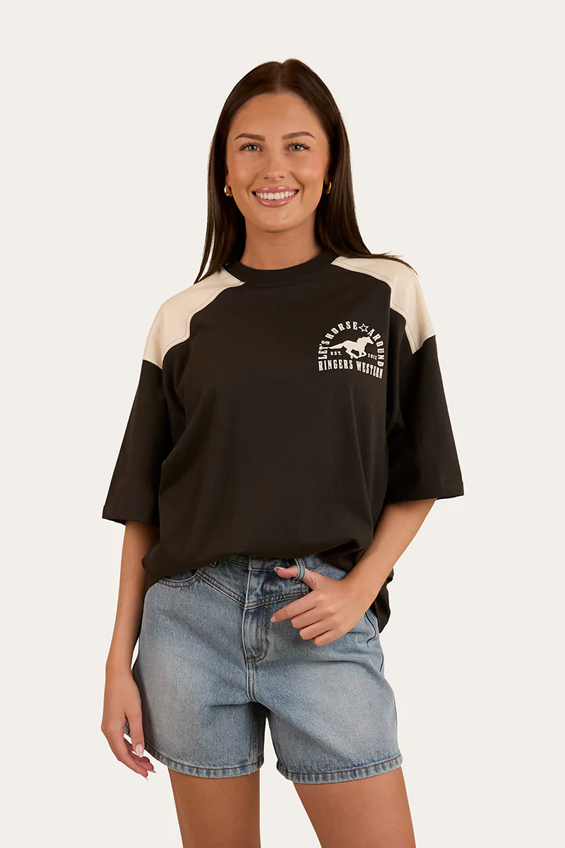 Lets Horse Around Womens Oversized T-Shirt - Washed Black / Off White