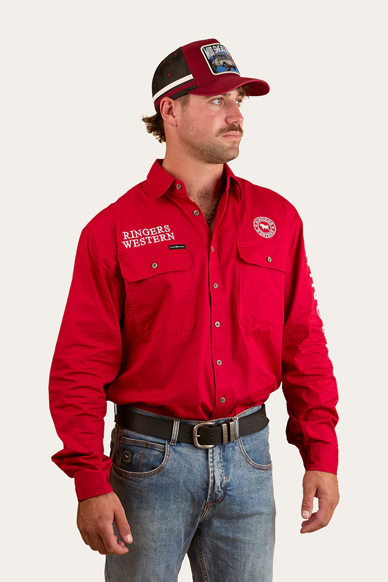 Hawkeye Mens Full Button Work Shirt - Red/White