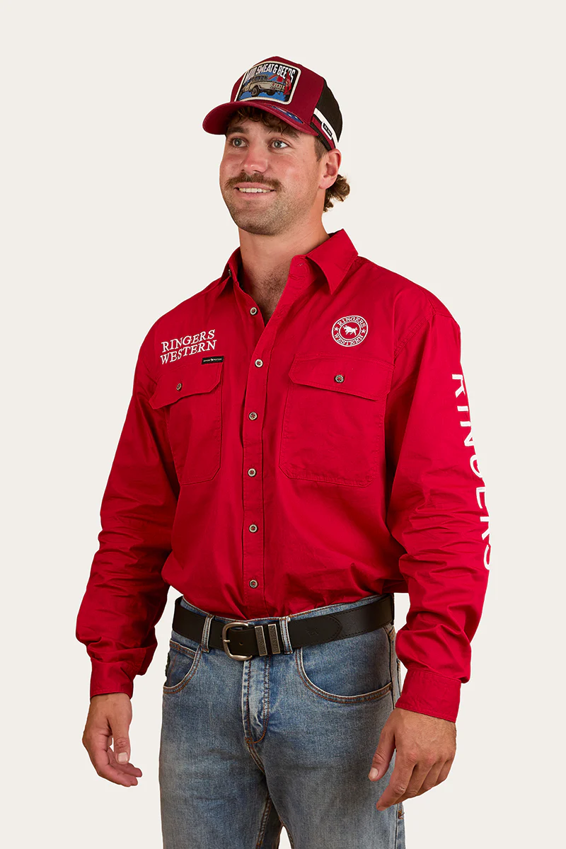 Hawkeye Mens Full Button Work Shirt - Red/White