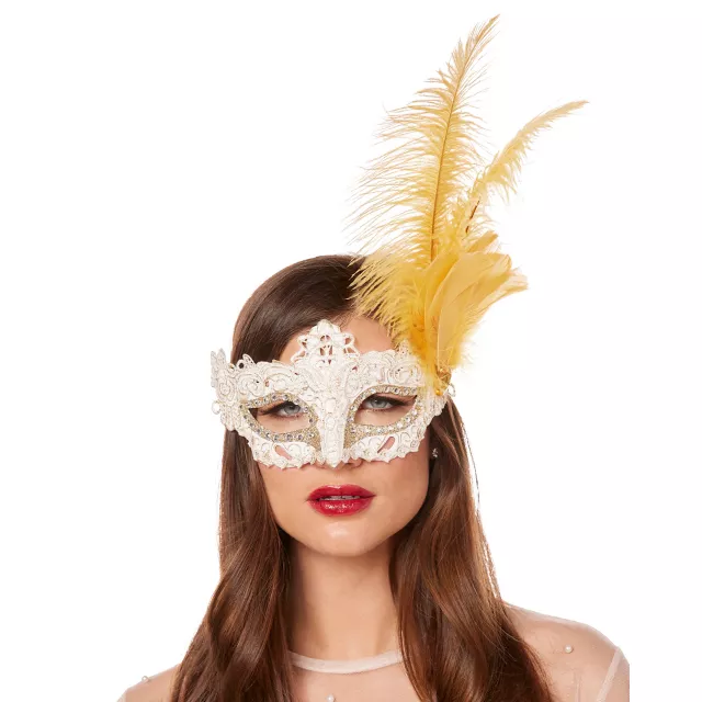 Gold Feather and Lace Eye Half Mask