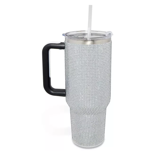 Silver Rhinestone Travel Tumbler with Straw - 40 oz.