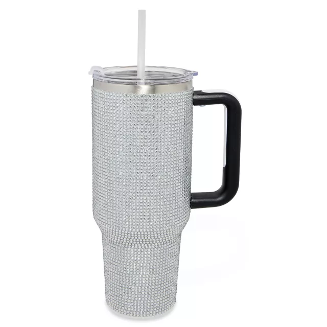 Silver Rhinestone Travel Tumbler with Straw - 40 oz.