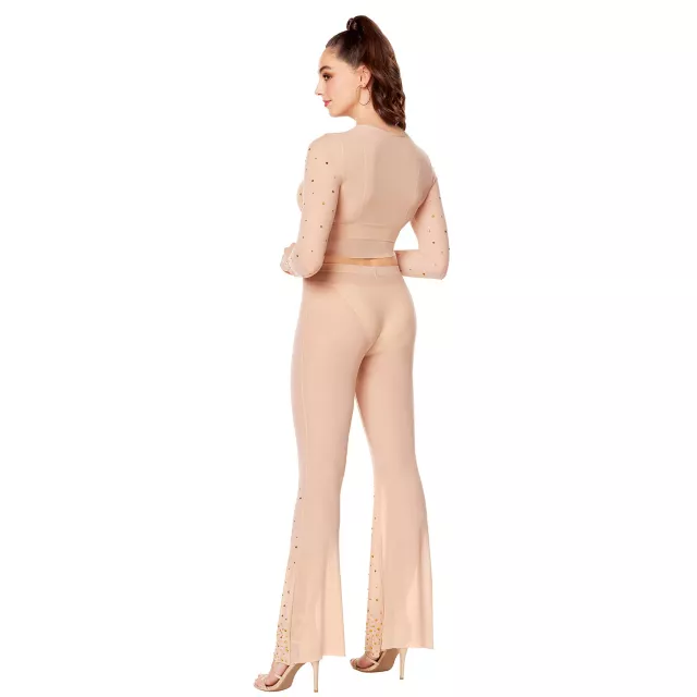Beige Mesh Rhinestone Top and Pants Set