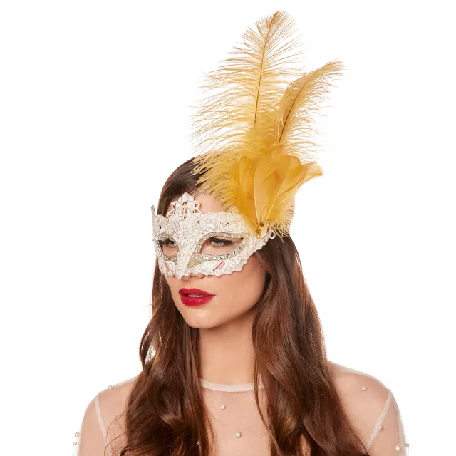 Gold Feather and Lace Eye Half Mask