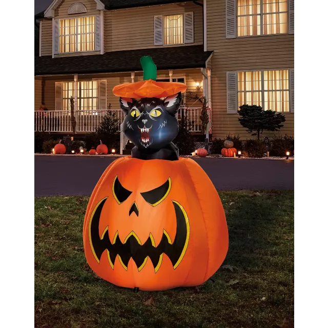 3 Ft 7 In Light-Up Animated Rising Pumpkin Cat Inflatable Decoration