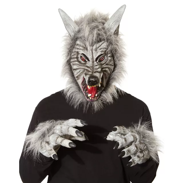 Grey Faux Fur Wolf Full Mask with Hands