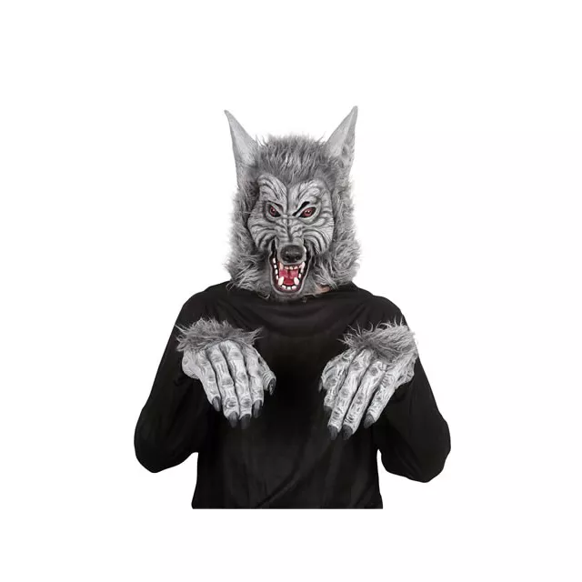 Grey Faux Fur Wolf Full Mask with Hands