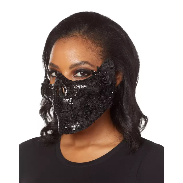 Black Skeleton Sequin Half Mask