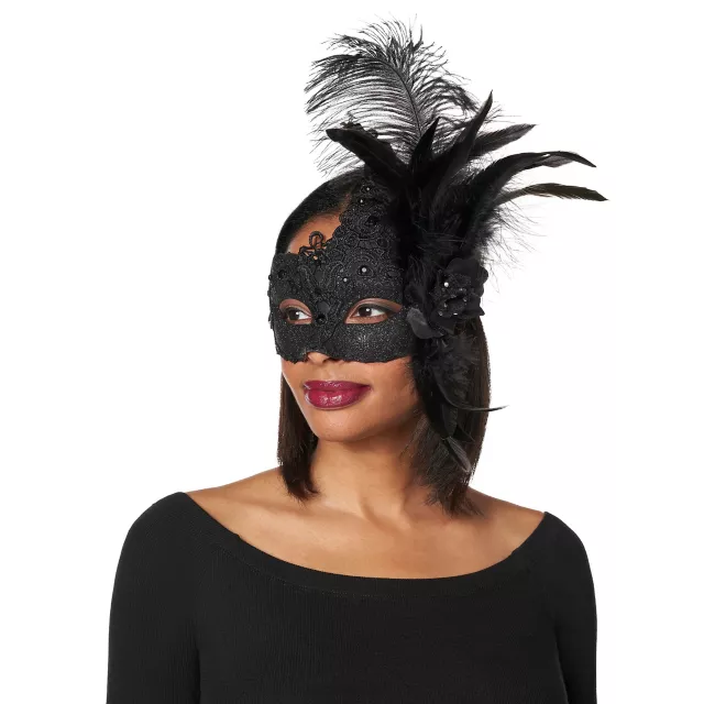 Black Sparkle Feather Eye Mask