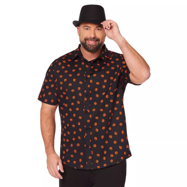 Pumpkin Print Button Down Plus Size Shirt