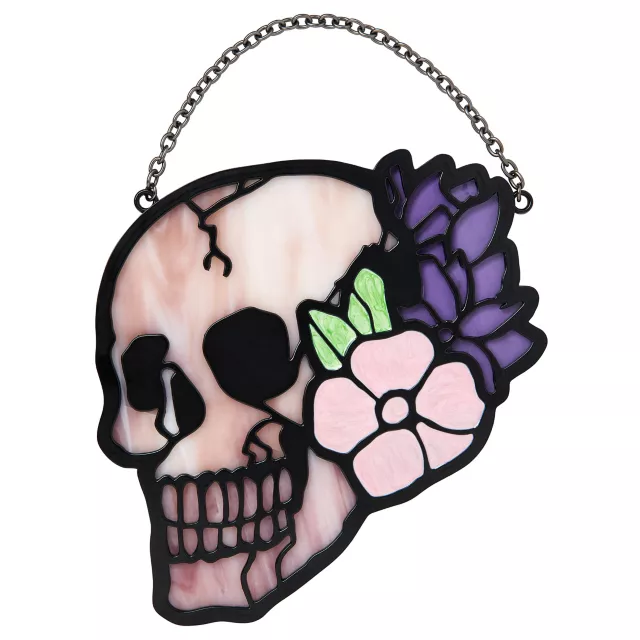 Stained Glass Flower Skull Sun Catcher