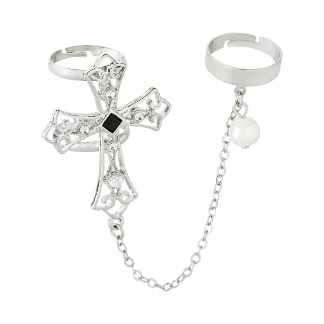 Black Square Cross Pearl-Effect Chain Rings