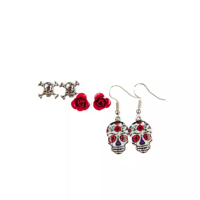 Rose Trio Sugar Skull Earring Set