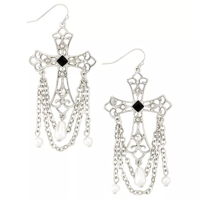 Black Square Cross Pearl-Effect Dangle Earrings