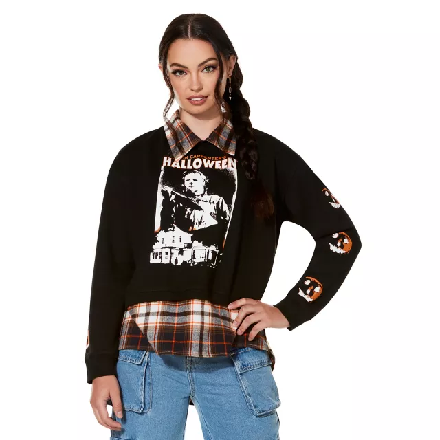 Halloween Plaid Crew Long Sleeve T Shirt