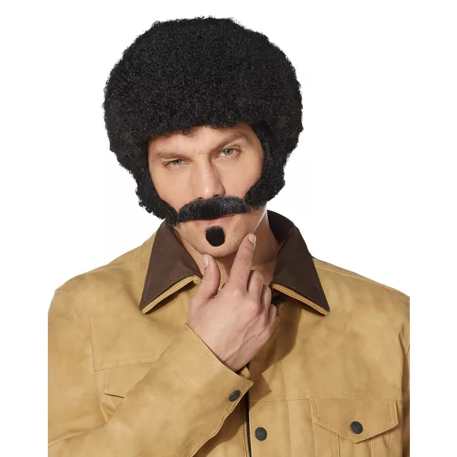 70s Black Curly Wig With Mustache