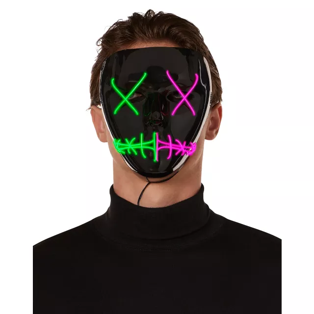 Light-Up El Wire Green and Pink Stitched Half Mask