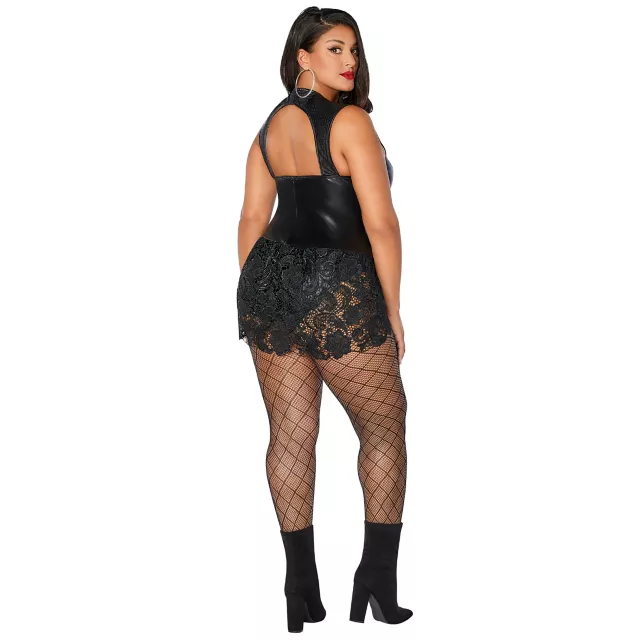 Adult Faux Leather and Lace Plus Size Bodysuit