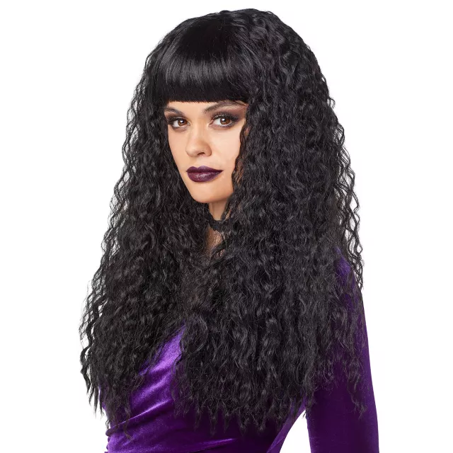 Black Crimped Wig with Bangs