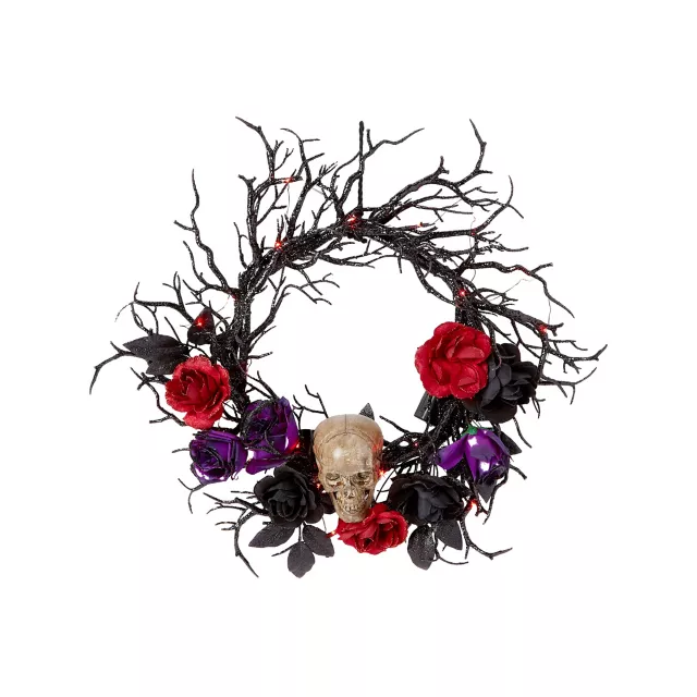 Light-Up Rose Skull Wreath