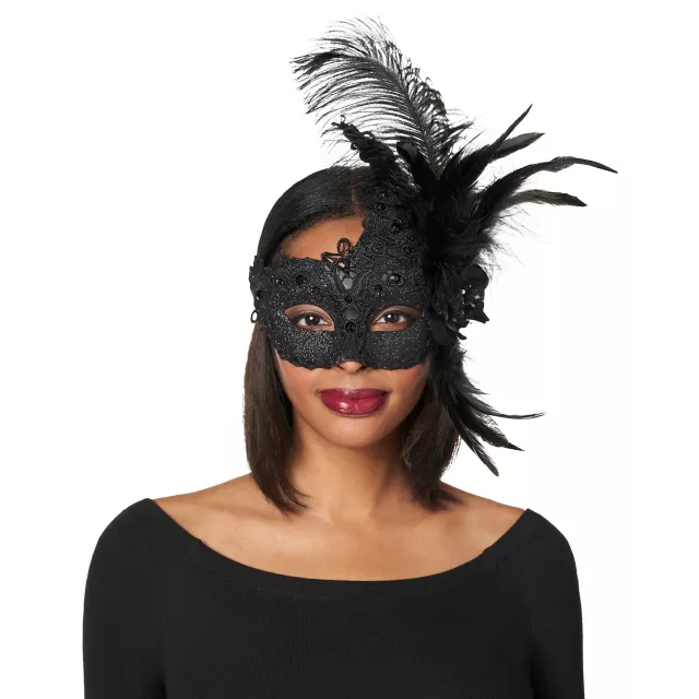 Black Sparkle Feather Eye Mask