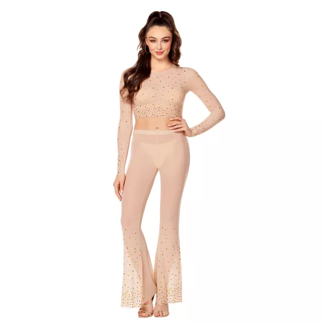 Beige Mesh Rhinestone Top and Pants Set