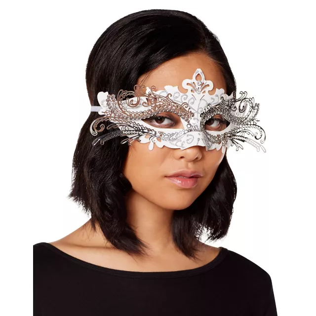 White and Silver Filigree Eye Half Mask
