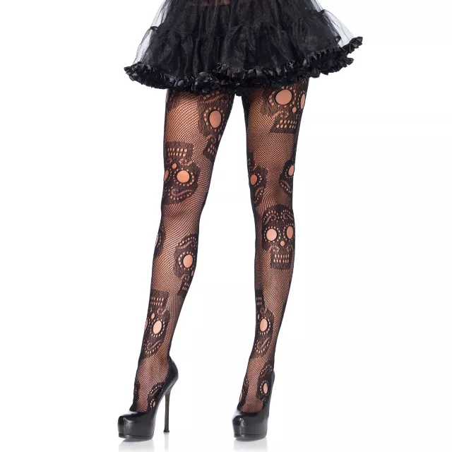 Adult Black Decorated Skull Tights