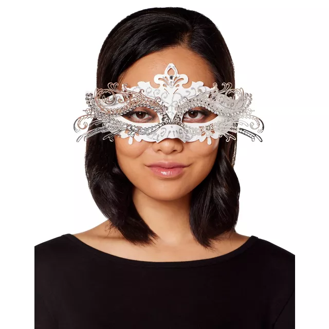White and Silver Filigree Eye Half Mask