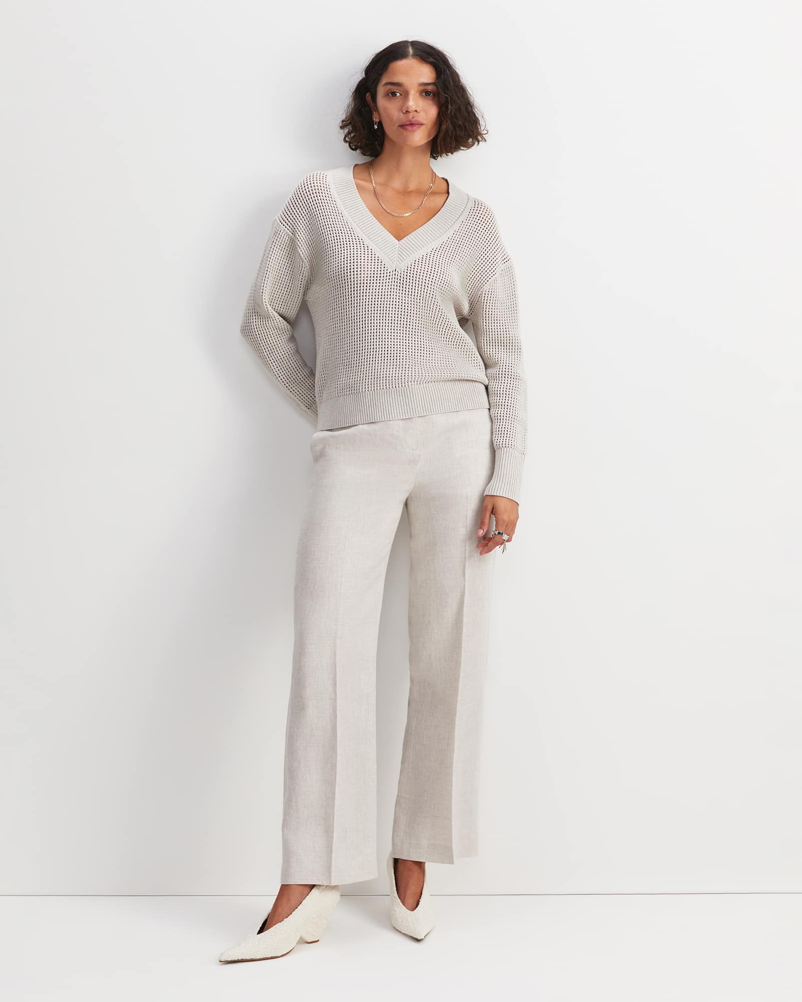 Cotton Crochet V-Neck Knit