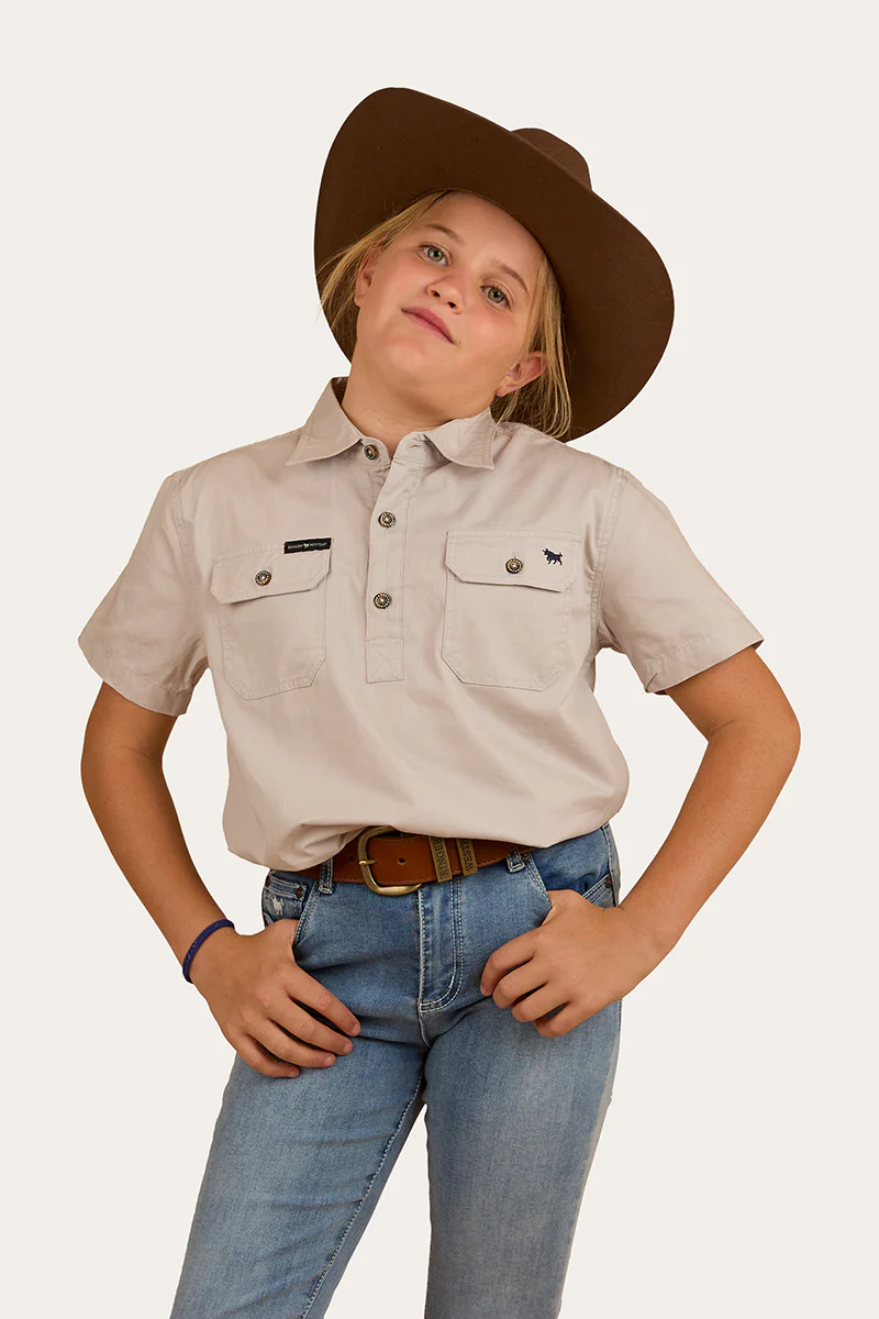 Ord River Kids Half Button Short Sleeve Work Shirt - Beige
