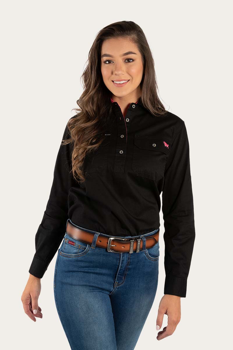 Pentecost River Womens Half Button Work Shirt - Black/Melon