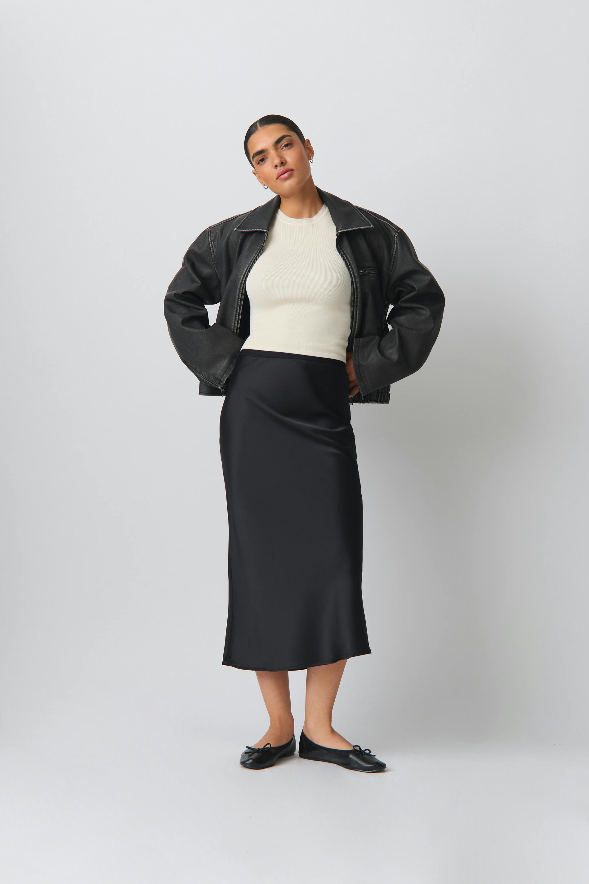 Elastic Satin Midi Skirt