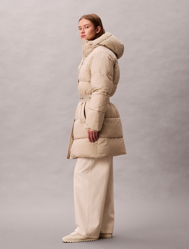 Logo Belt Hooded Puffer Coat