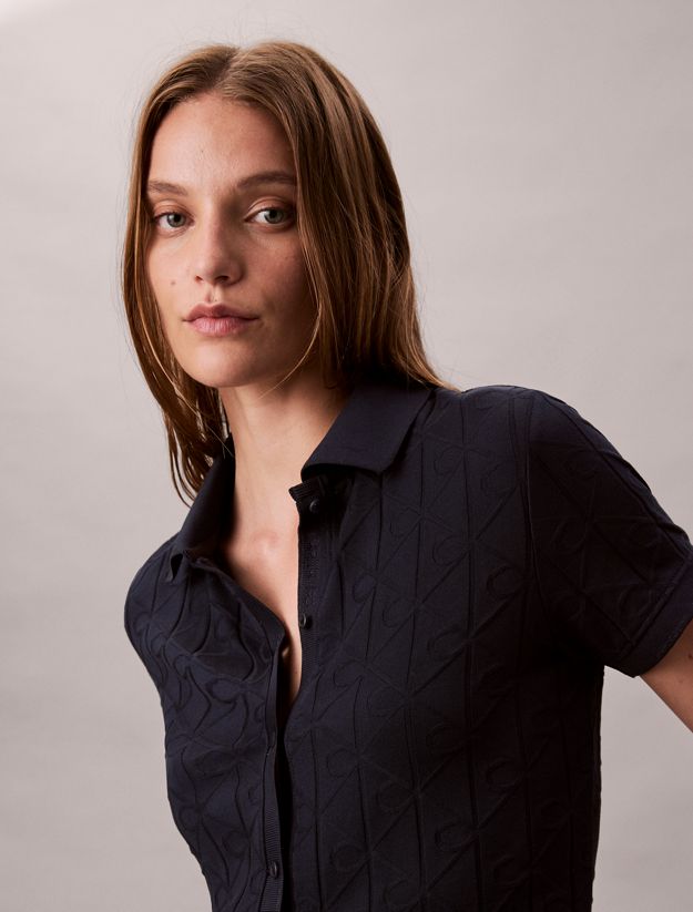 Allover Monogram Logo Jacquard Polo Top