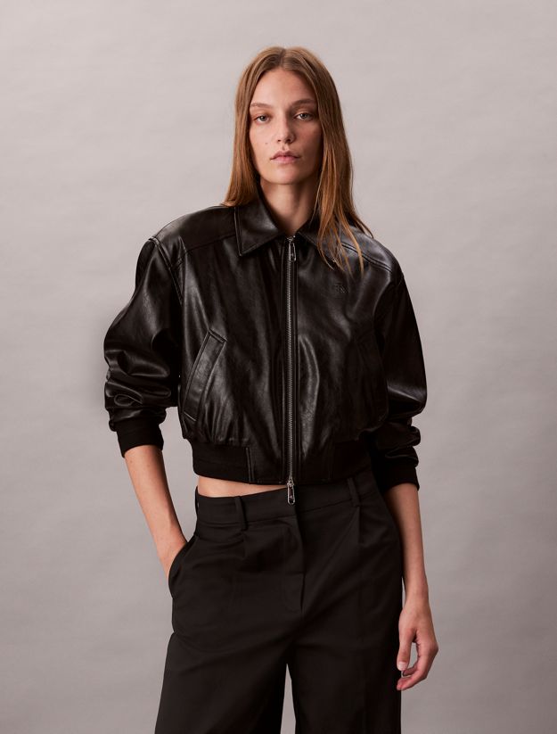 Cropped Faux Leather Bomber Jacket