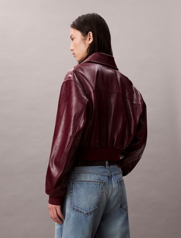 Cropped Faux Leather Bomber Jacket