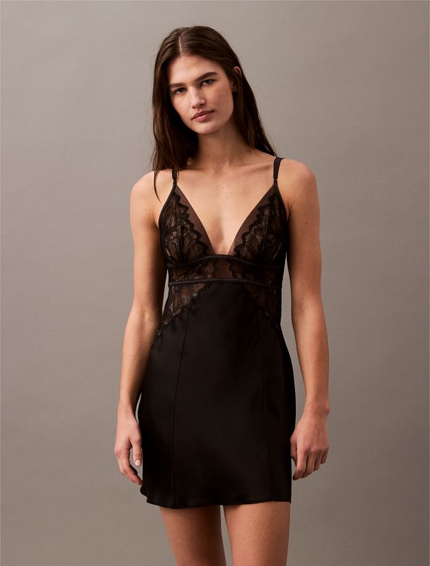 Silk Night Dress - CK Black Floral Lace
